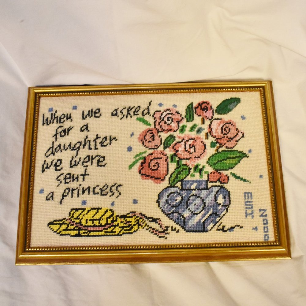 Framed Matted Finished Cross Stitch Bouquet Floral Wall Art 12"x9" Princess